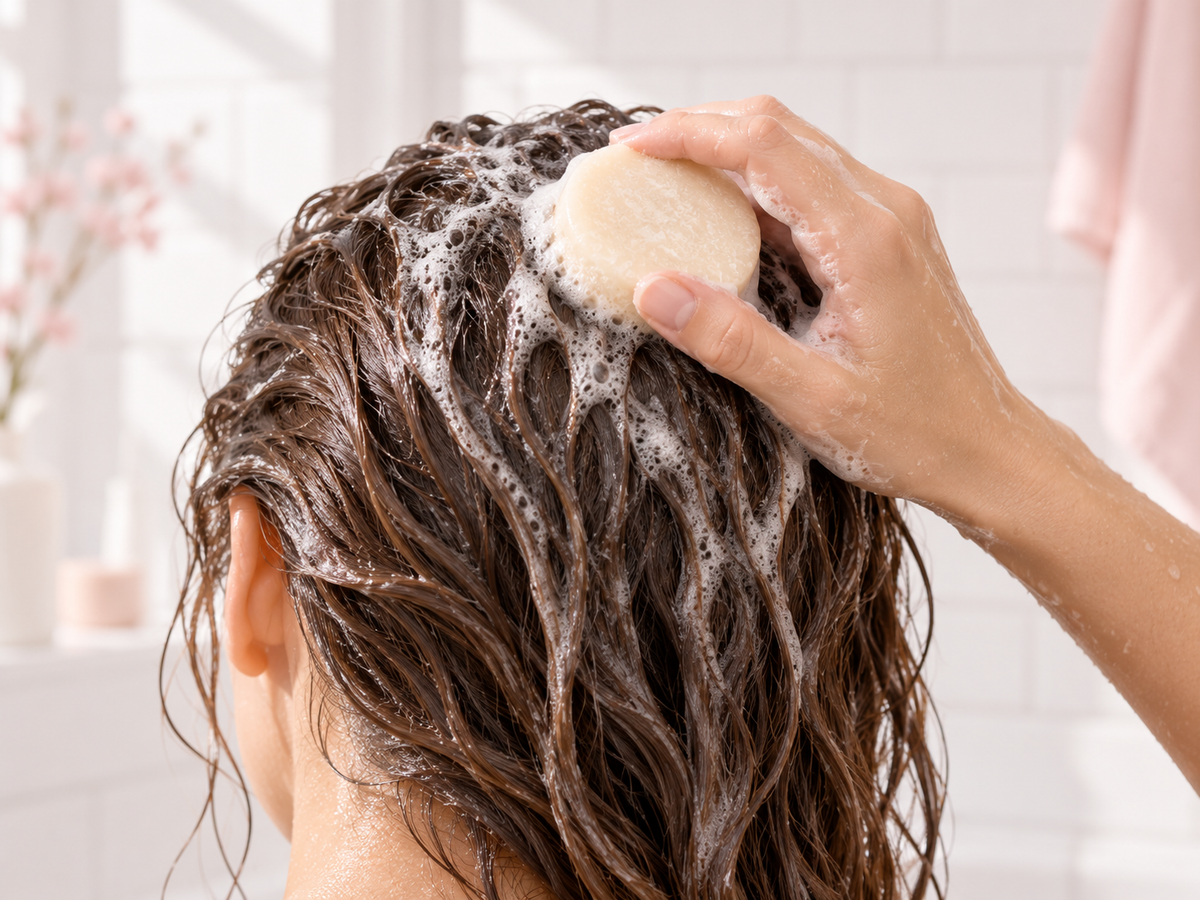 Illustration du geste de lavage avec un shampooing solide